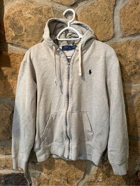 Ralph Lauren Light Gray Zip-Up Hoodie Sweater with Navy Pony